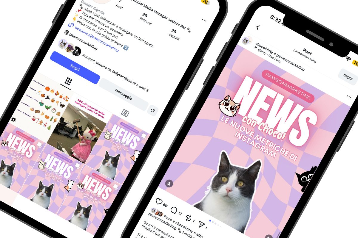 Profilo Instagram e post «News con Choco» di @pawsonmarketing
