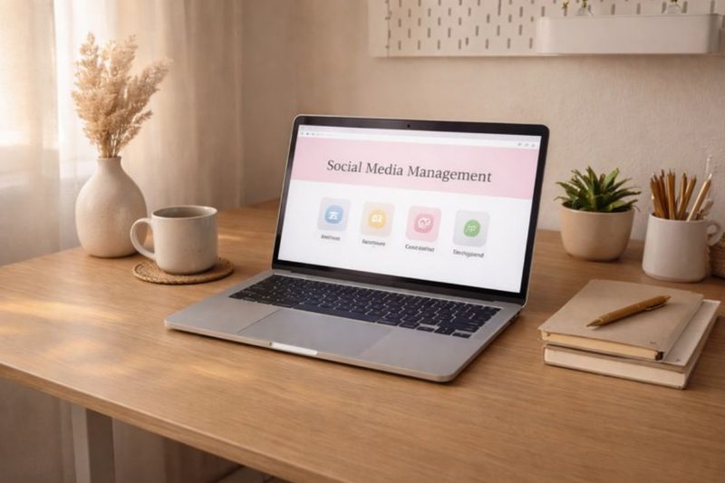 Laptop sulla scrivania con la schermata «Social Media Management»