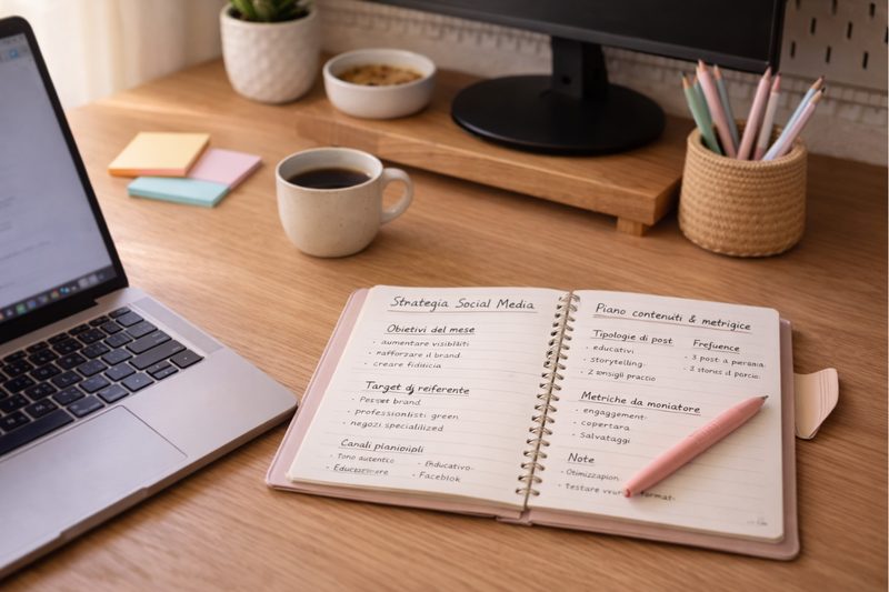 Quaderno aperto con la strategia social del mese scritta a mano, accanto al laptop