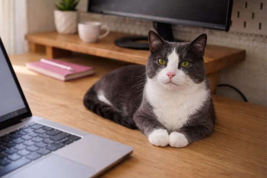 Choco seduto sulla scrivania accanto al laptop, pronto a lavorare